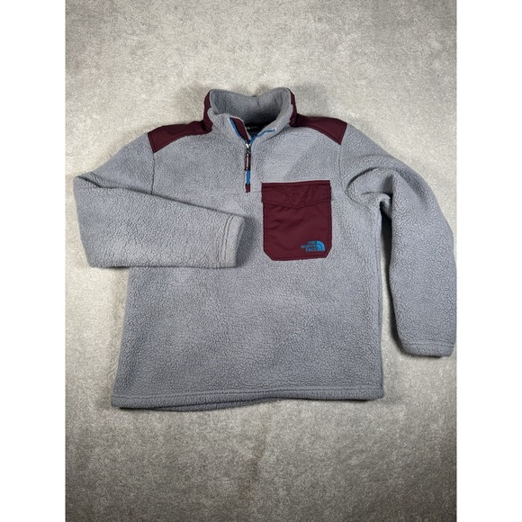 North Face Mens Jacket Sherpa 1/4 Zip Fleece Pullover Soft Gray Burgundy Size L - Picture 5 of 11
